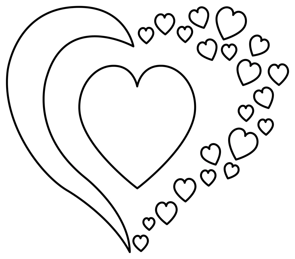 Heart Shape with Floating Hearts Around It 💖💘💝 Coloring Page