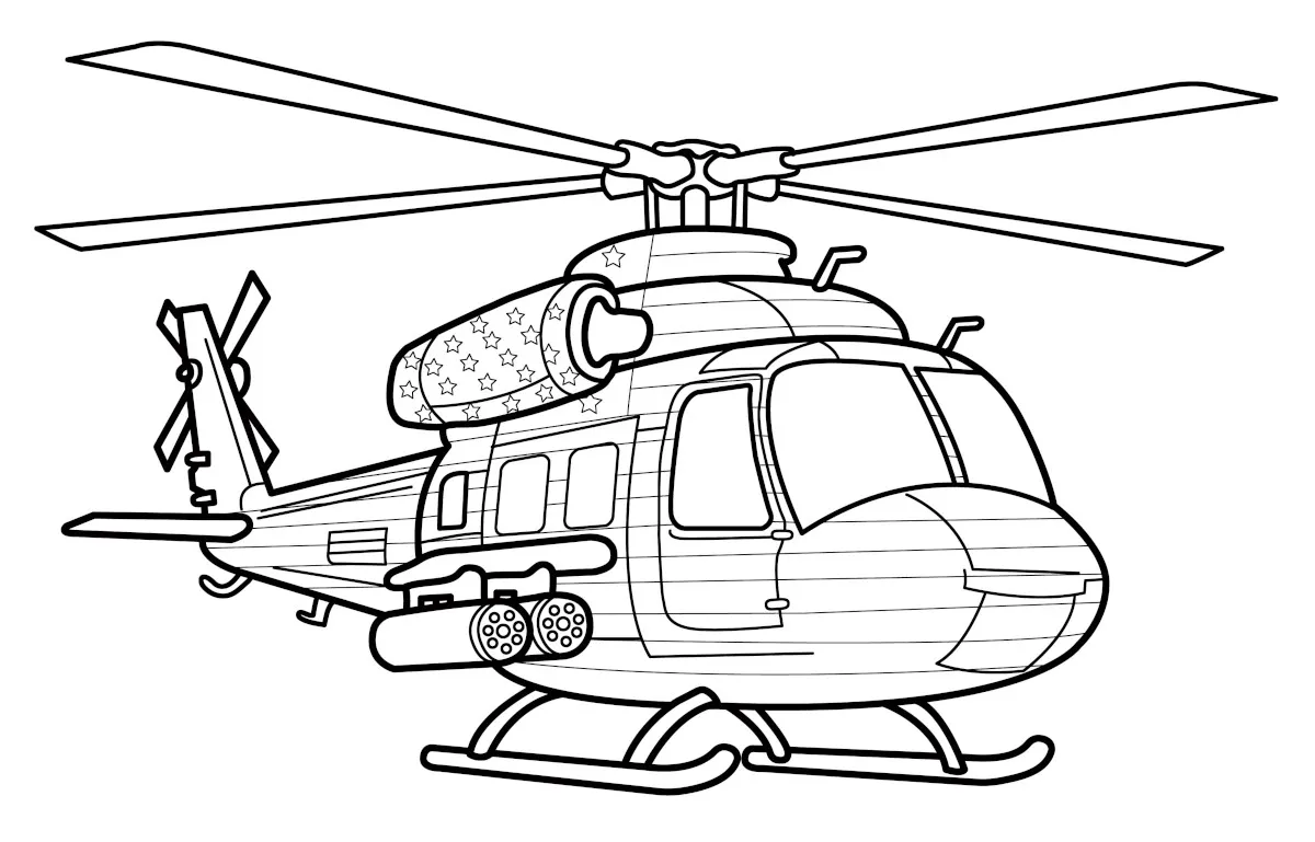 Helicopter with American Flag Pattern and Stars on Body and Tail 🚁🇺🇸✨⭐ Coloring Page