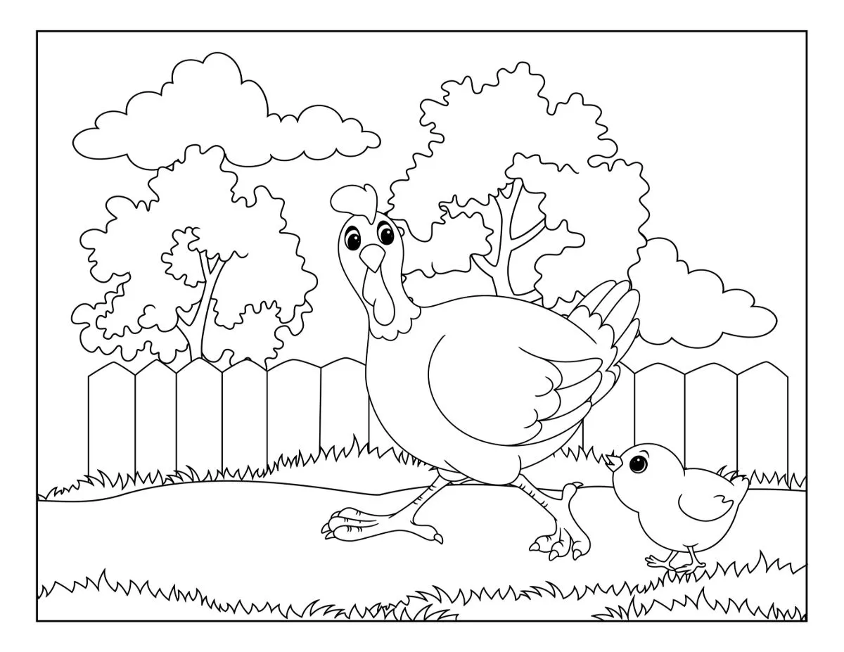 Hen and Chick Walking in the Garden 🐔🐣 Coloring Page