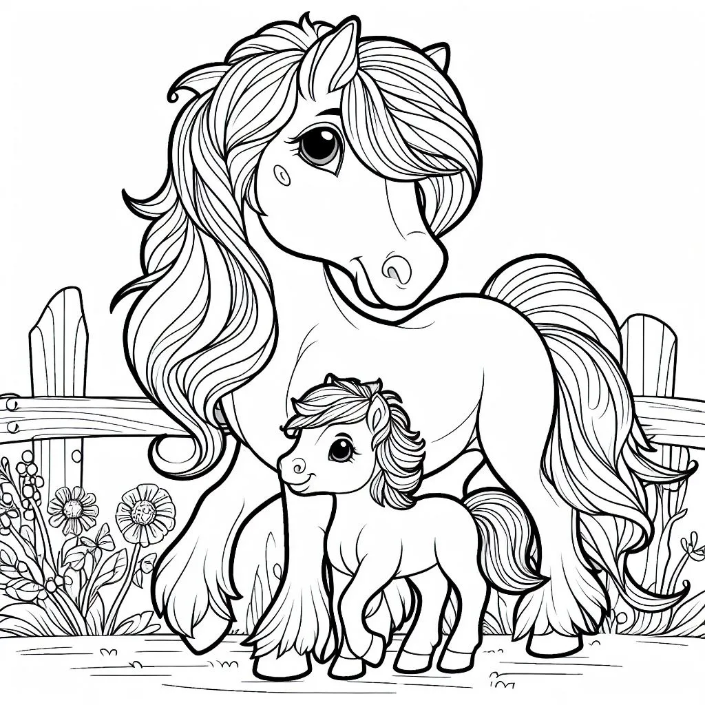 Mother Horse with Baby Foal Walking 🐴👶🚶 Coloring Page
