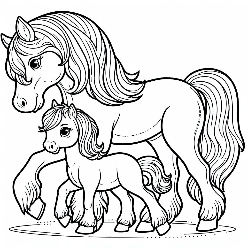 Mother Horse with Baby Foal Walking 🐴👶🚶 Coloring Page