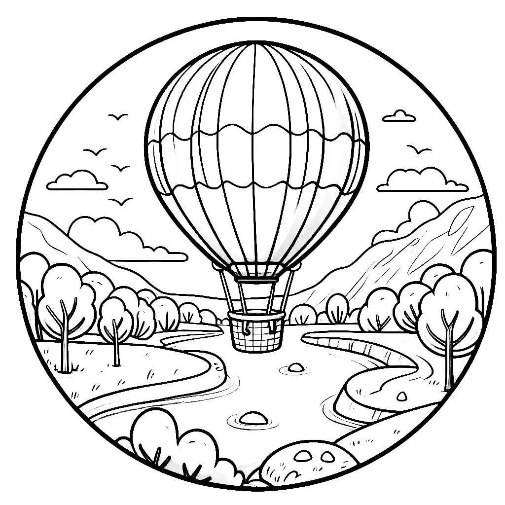 Hot Air Balloon over Landscape with River Mountains and Trees 🎈🏞️🌳 Coloring Page
