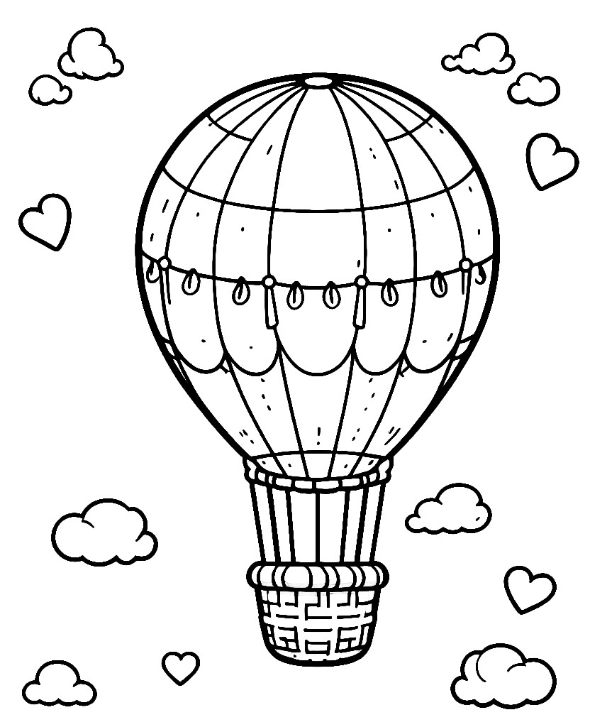 Hot Air Balloon Flying in between Clouds and Hearts 🎈☁️❤️ Coloring Page