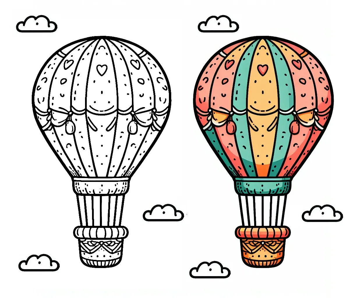 Hot Air Balloon between the Clouds 🎈☁️🌍 Coloring Page