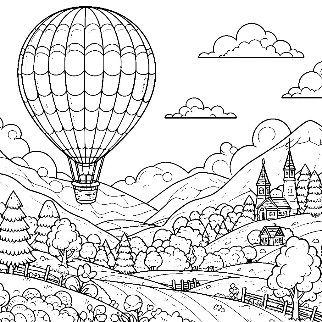 Hot Air Balloon Flying over Mountain Landscape 🎈🏔️🌄 Coloring Page