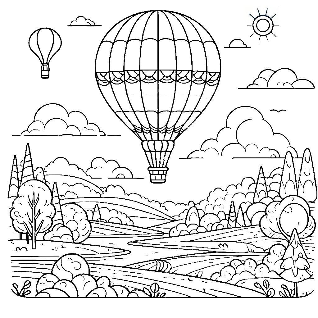 Hot Air Ballons above Landscape 🎈🌄✨ Coloring Page