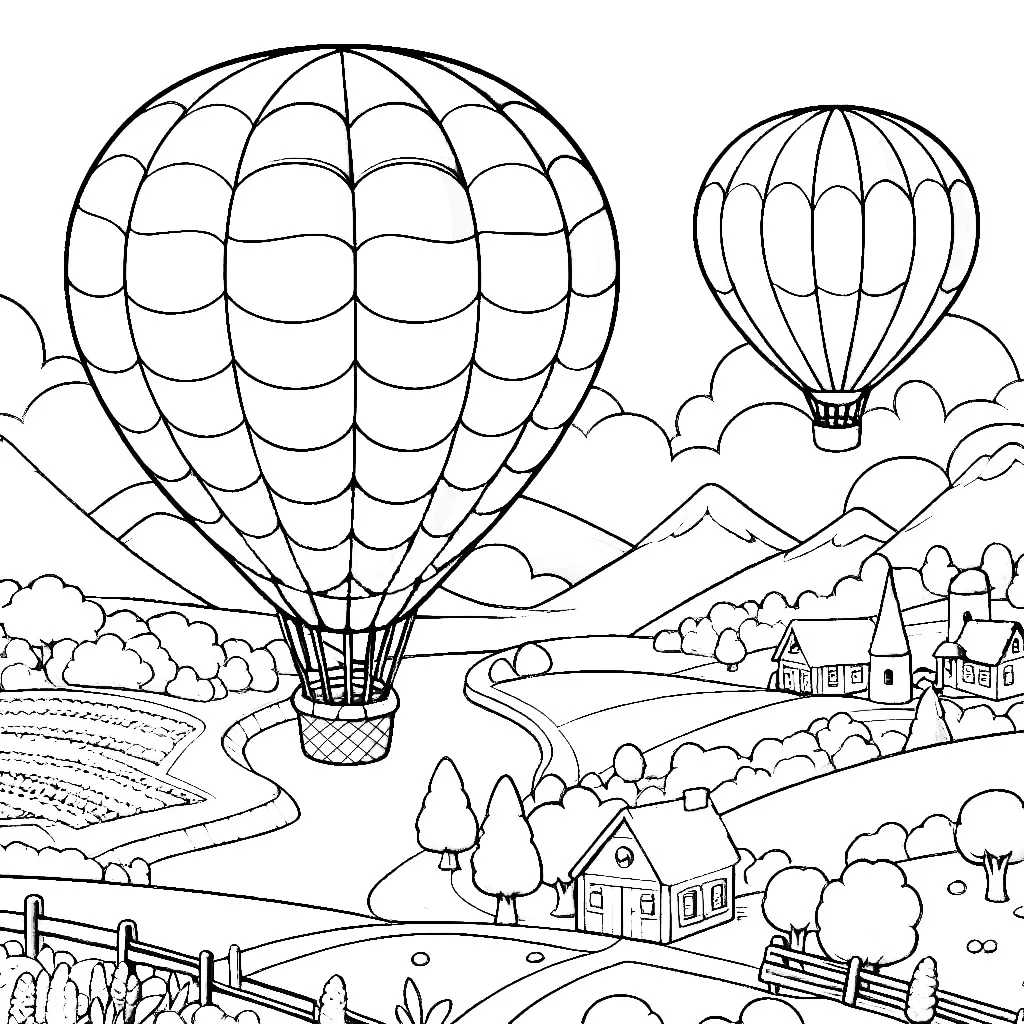 Hot Air Balloons Flying over Countryside with River Mountains Trees and Houses 🎈🏞️🏡 Coloring Page