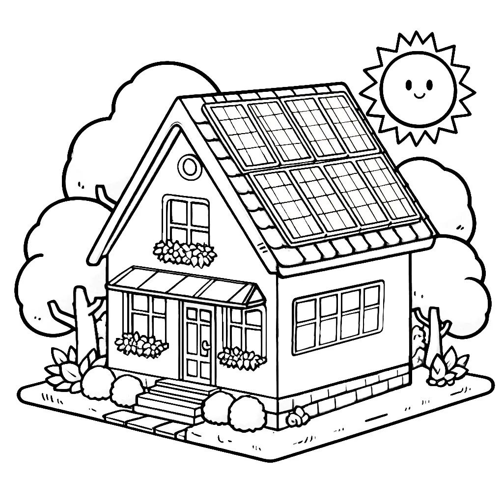 House with Solar Panels on the Roof Trees and Sun ☀️🌳🏠 Coloring Page