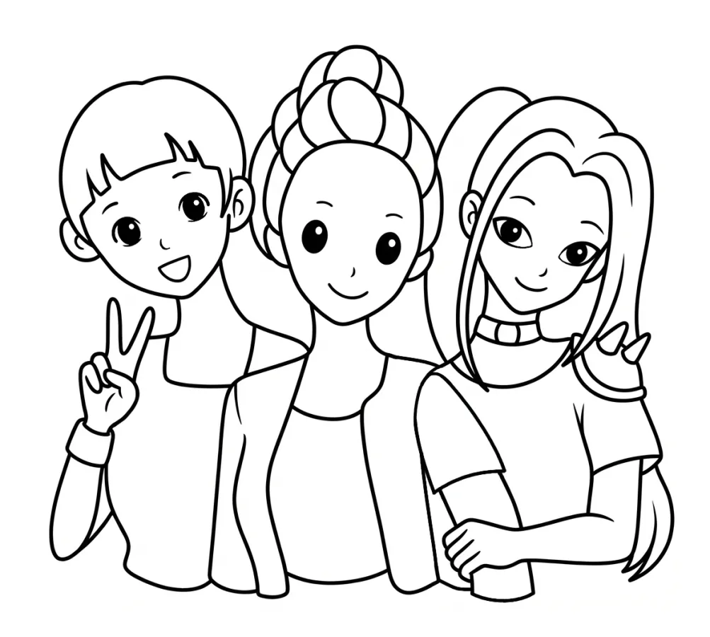 Meet Rumi, Mira, and Zoey from Huntrix, the K-pop group with a demon-hunting mission! 🎤💃🔥 Coloring Page