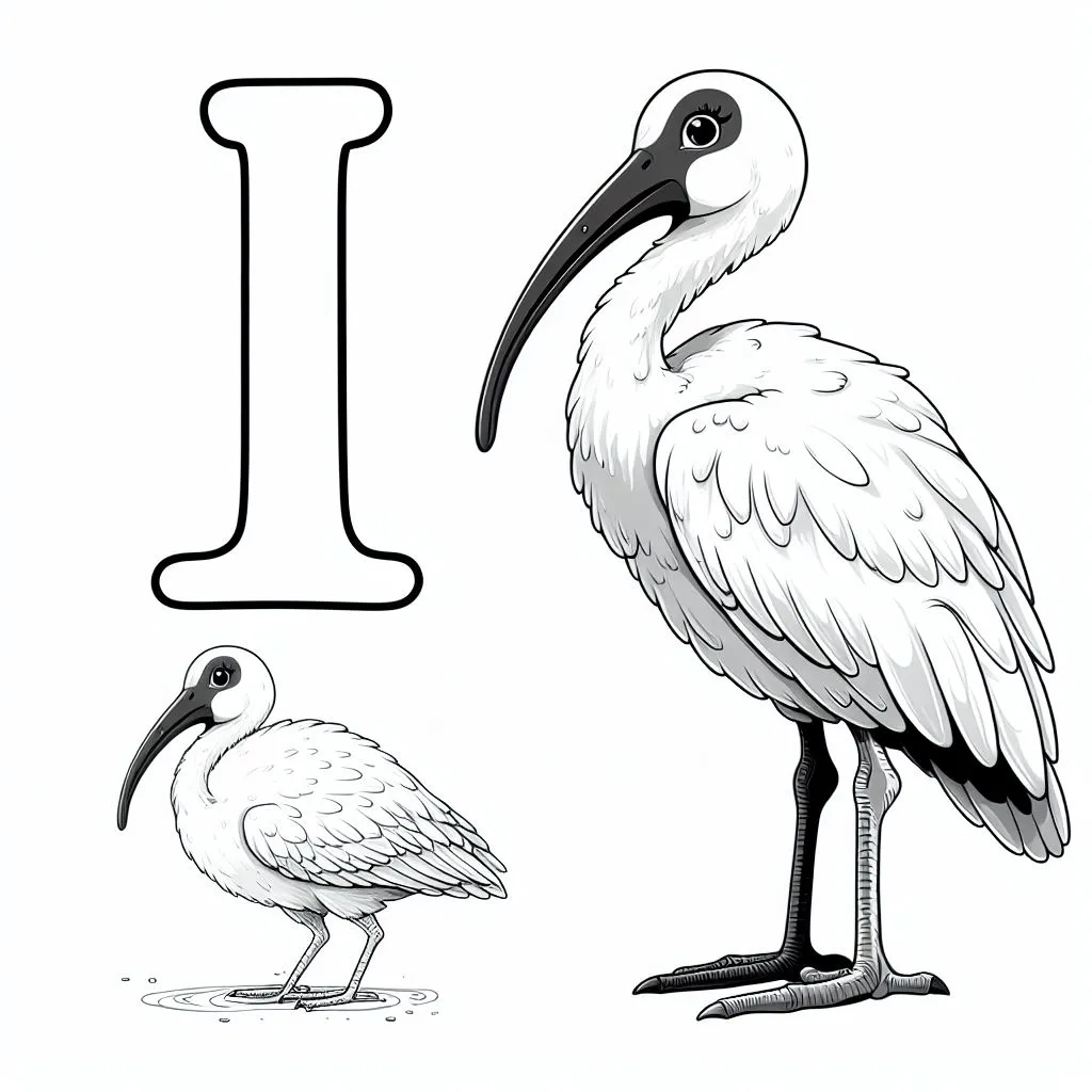 Ibis with letter I 🦜I Coloring Page