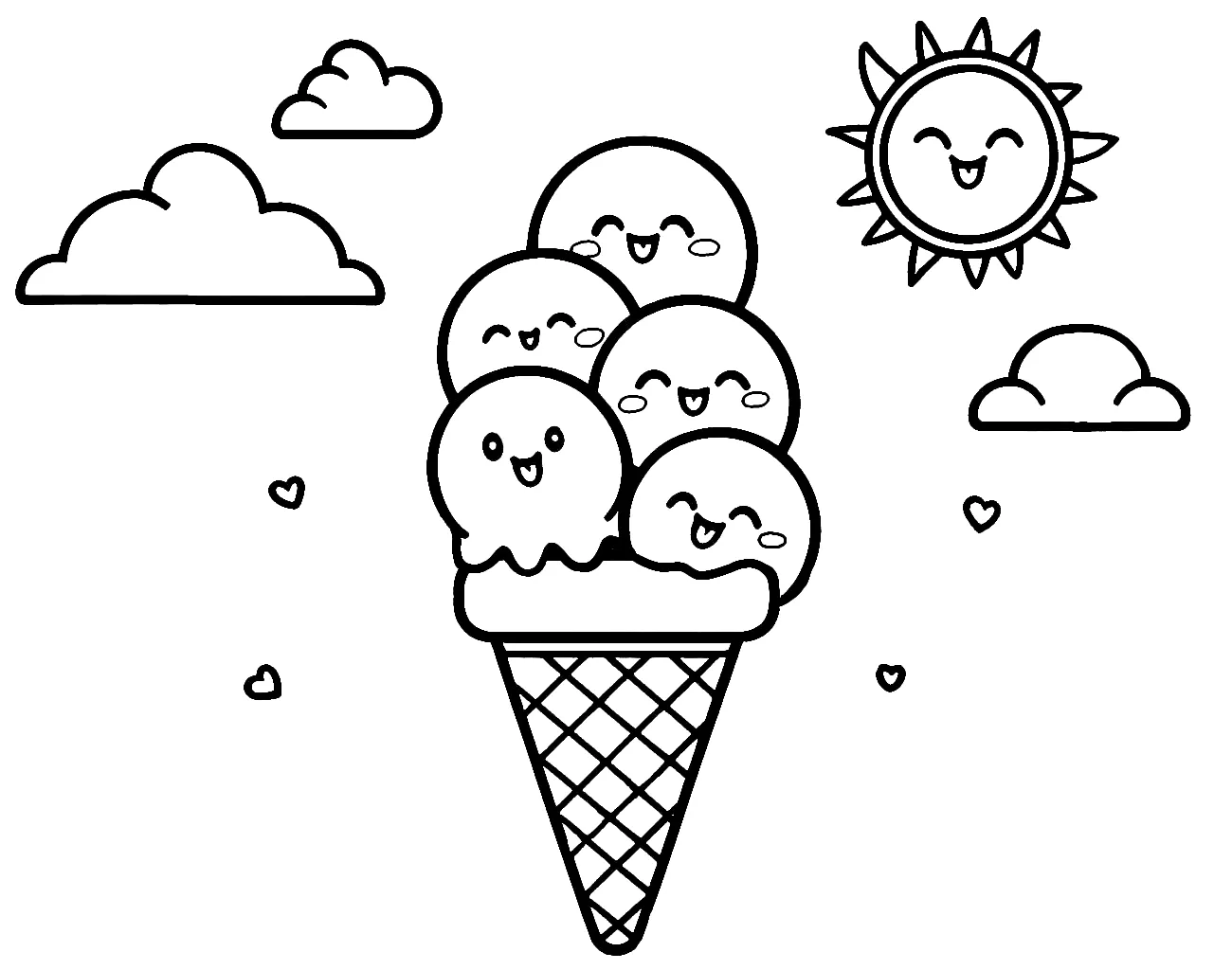 Ice Cone with Scoops with Happy Faces in Summer with a Smiling Sun and Clouds 🍦☀️😊🌤️ Coloring Page