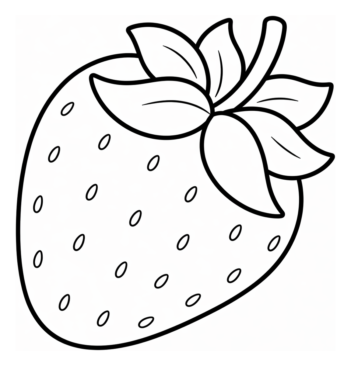 Juicy Strawberry with Green Leaves and Seeds 🍓🍃🍒 Coloring Page