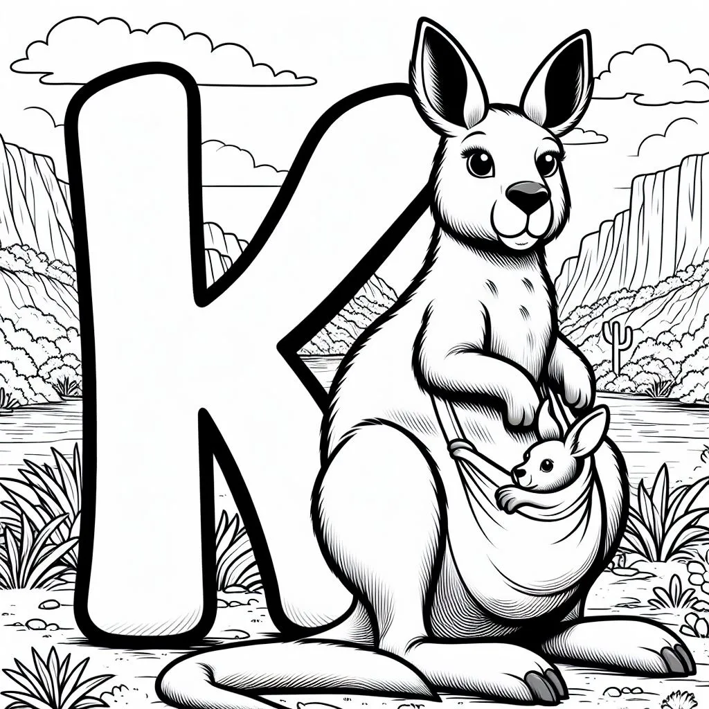 Kangaroo with Letter K 🦘🔠 Coloring Page