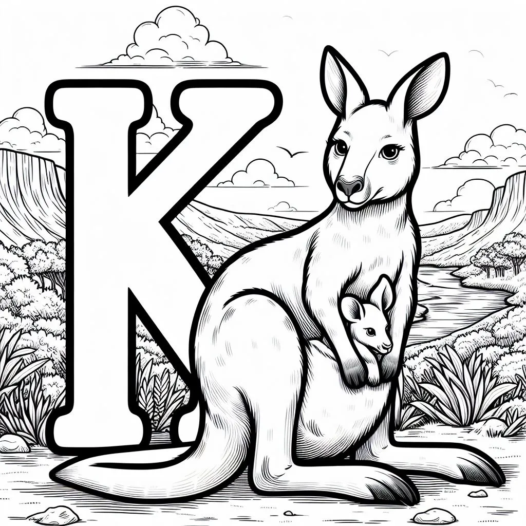 Kangaroo with Letter K 🦘🔠 Coloring Page