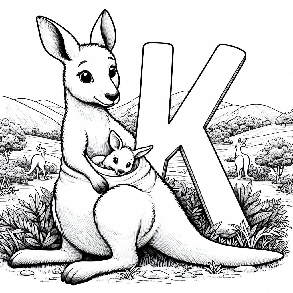 Kangaroo with Letter K 🦘🔠 Coloring Page