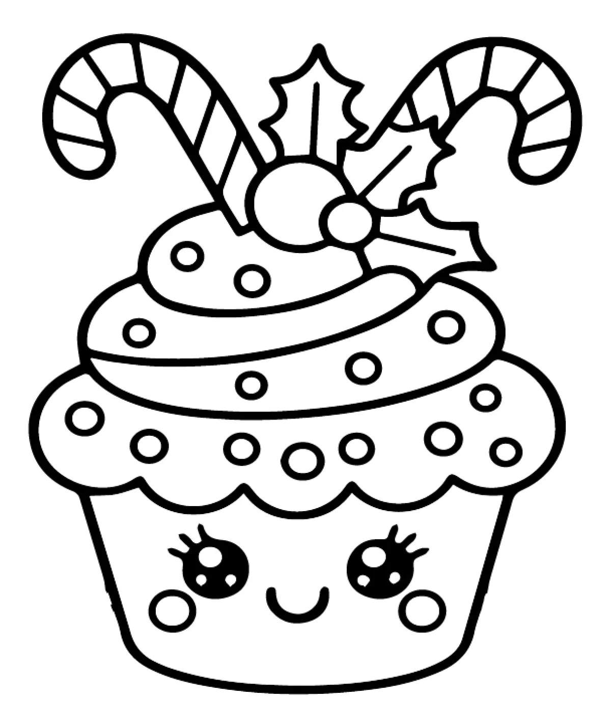Kawaii Christmas Cupcake 🧁🎄🎉 Coloring Page