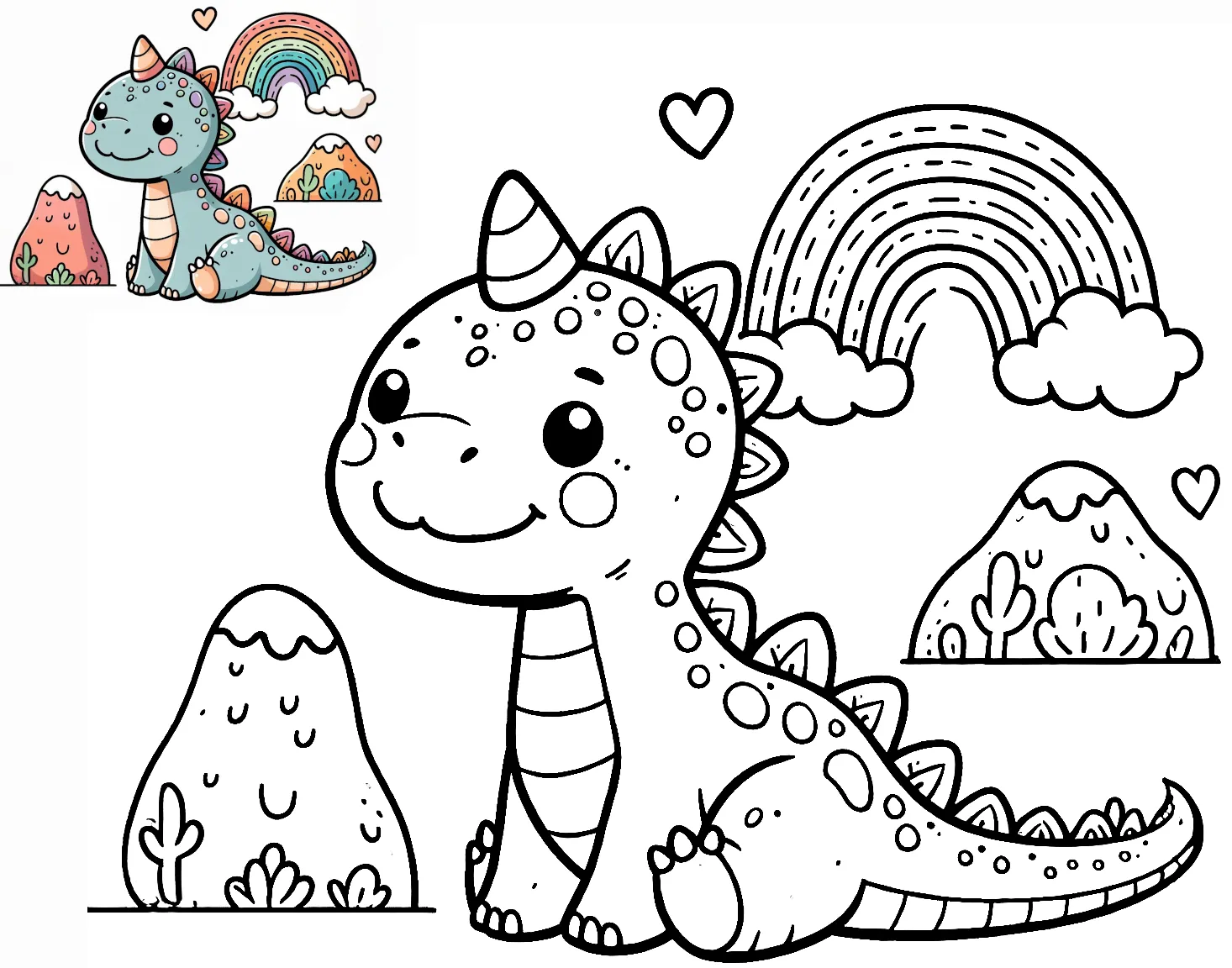 Kawaii Dino with Mountains and Rainbow 🦕🌈🏔 Coloring Page