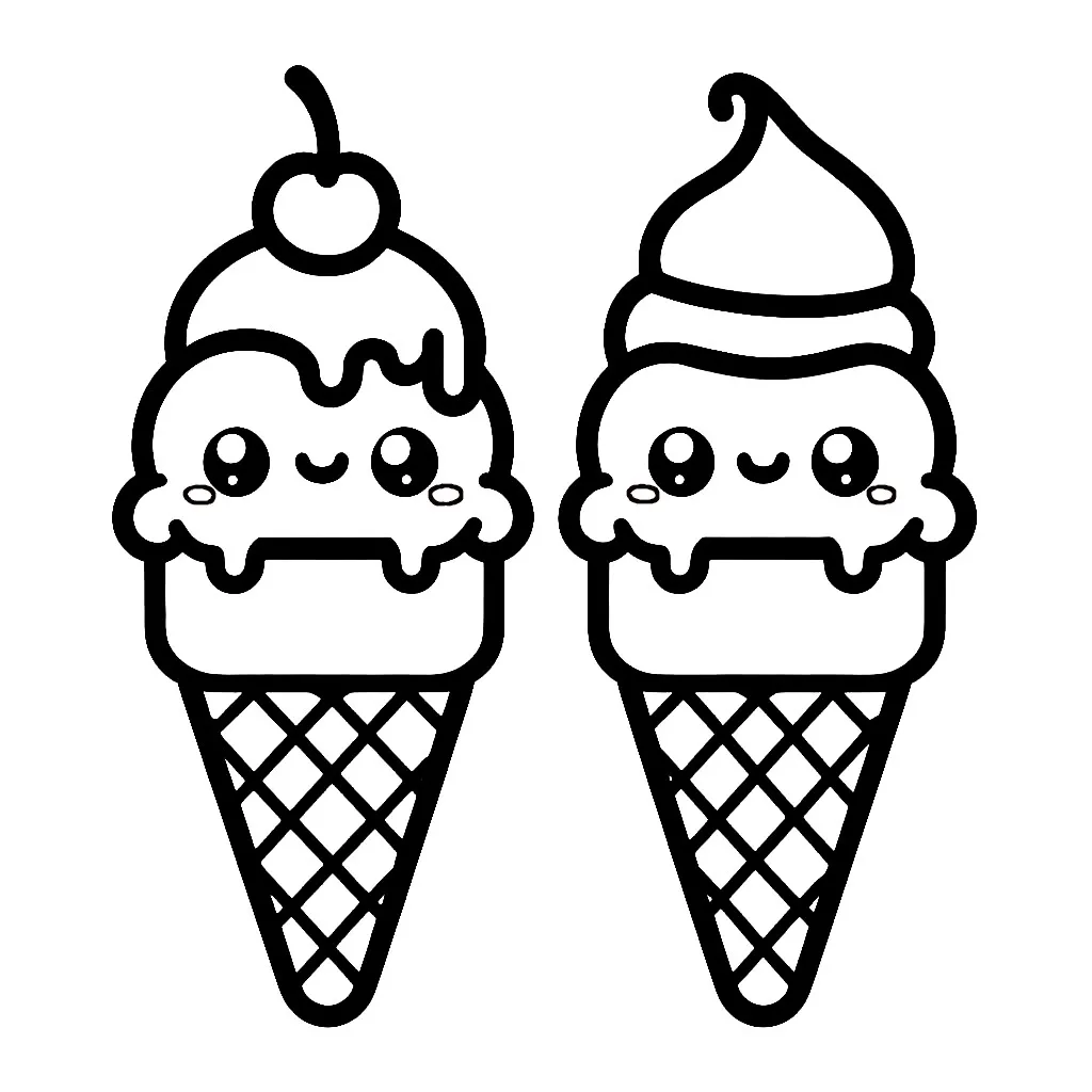 Kawaii Ice Cream Cones 🍦🍒🌞 Coloring Page