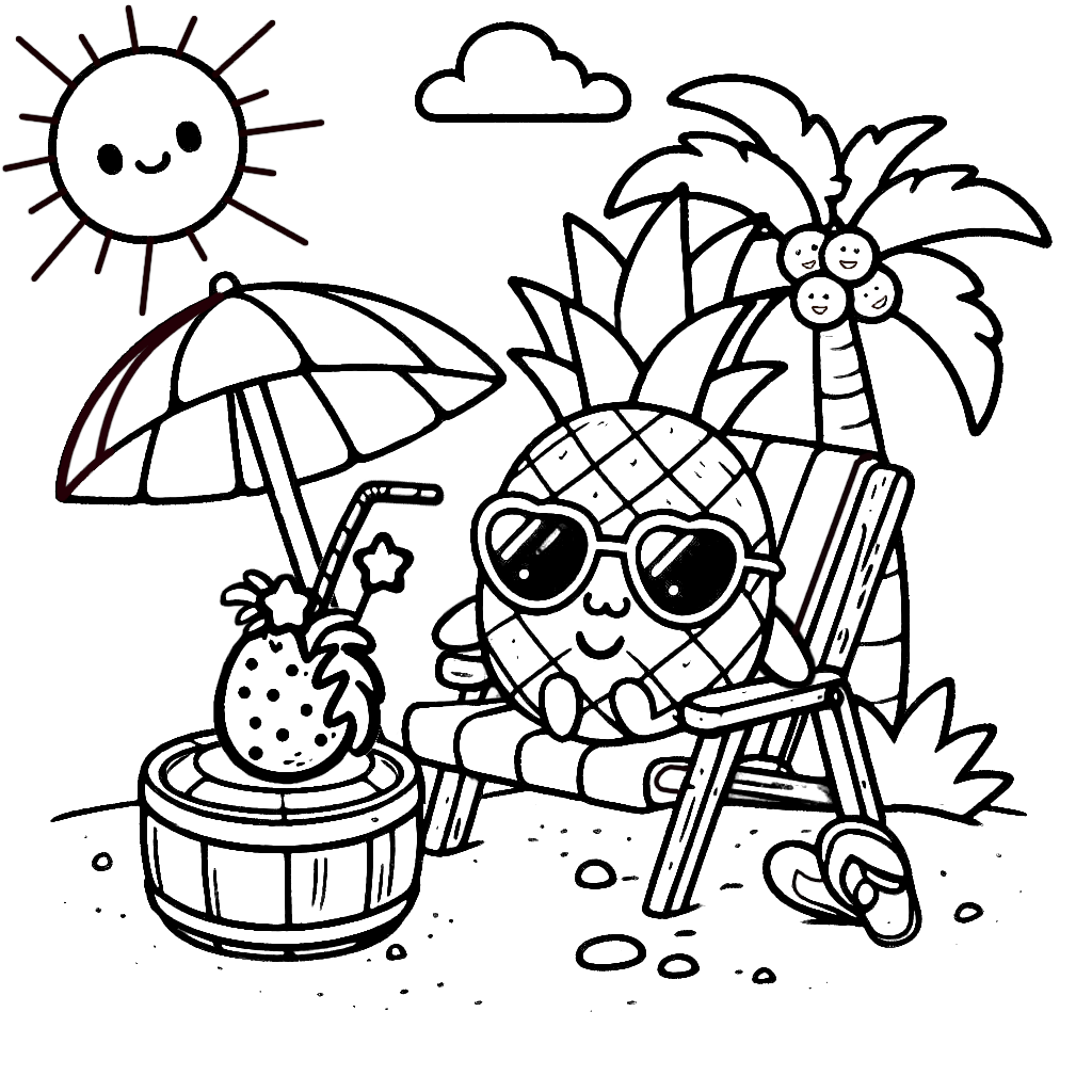Kawaii Pineapple Sitting in a Beach Chair with Cocktail 🍍🌴🍹 Coloring Page