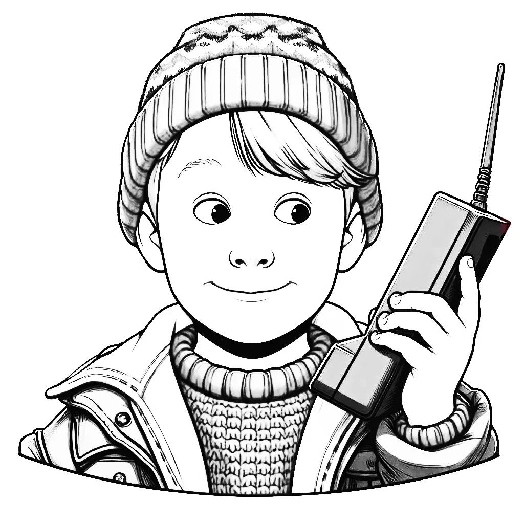 Kevin from Movie Home Alone on the Phone Smiling 🎬📞😊🎩 Coloring Page