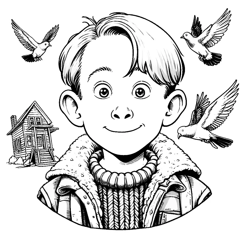 Kevin from Movie Home Alone 2 with House and Pigeons 🎬🏠🕊️ Coloring Page