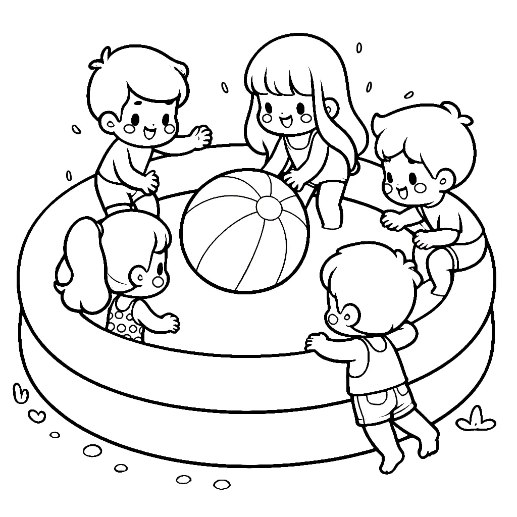 Kids Playing with Ball in Round Inflatable Pool 🏖️🏊‍♂️😊 Coloring Page