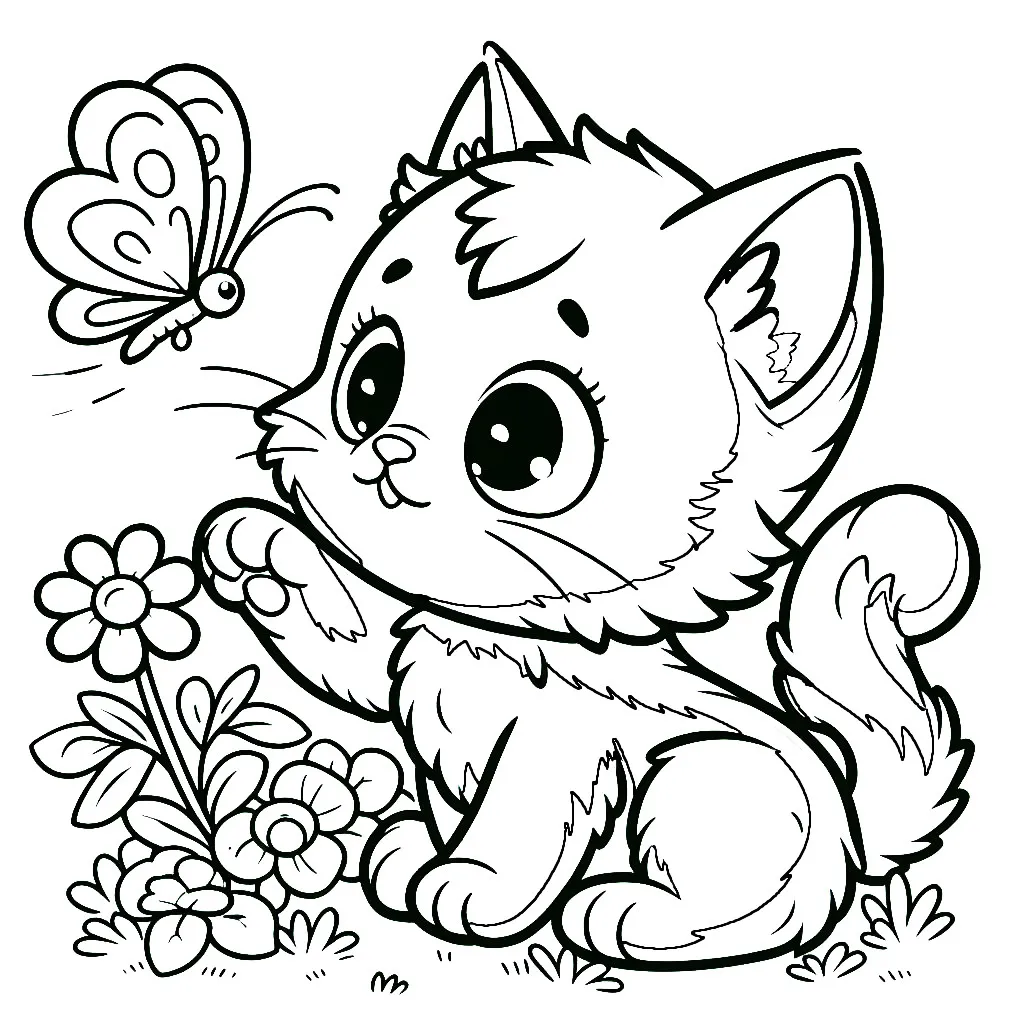 Kitten Playing with Butterfly Sitting next to Flowers 🐱🦋🌸 Coloring Page