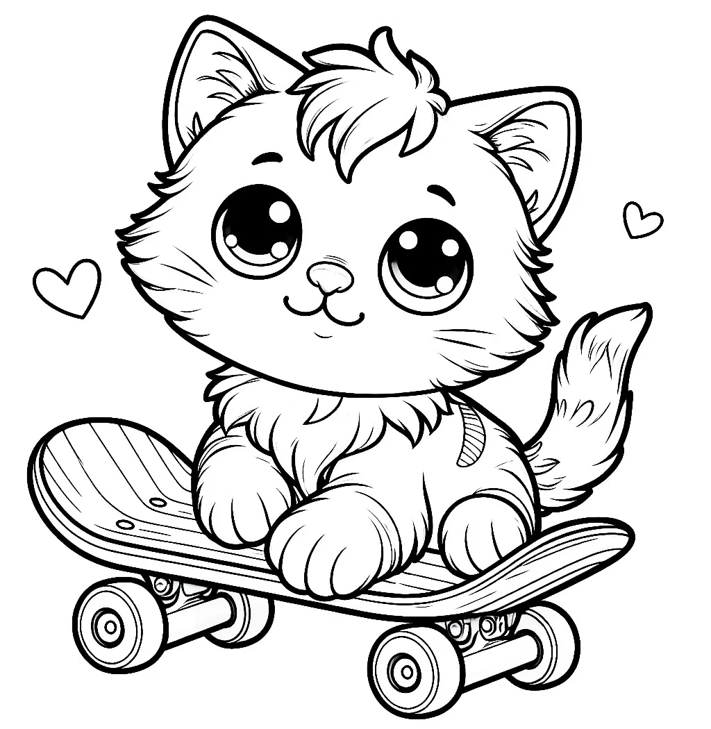 Kitten on Skateboard 🐱🛹😺 Coloring Page