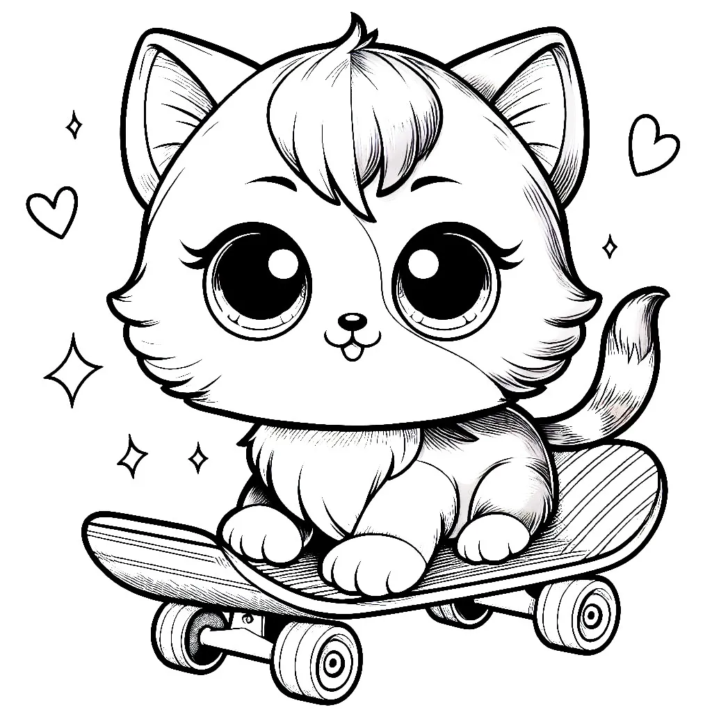 Kitten Sitting on Skateboard 🐱🛹😺 Coloring Page