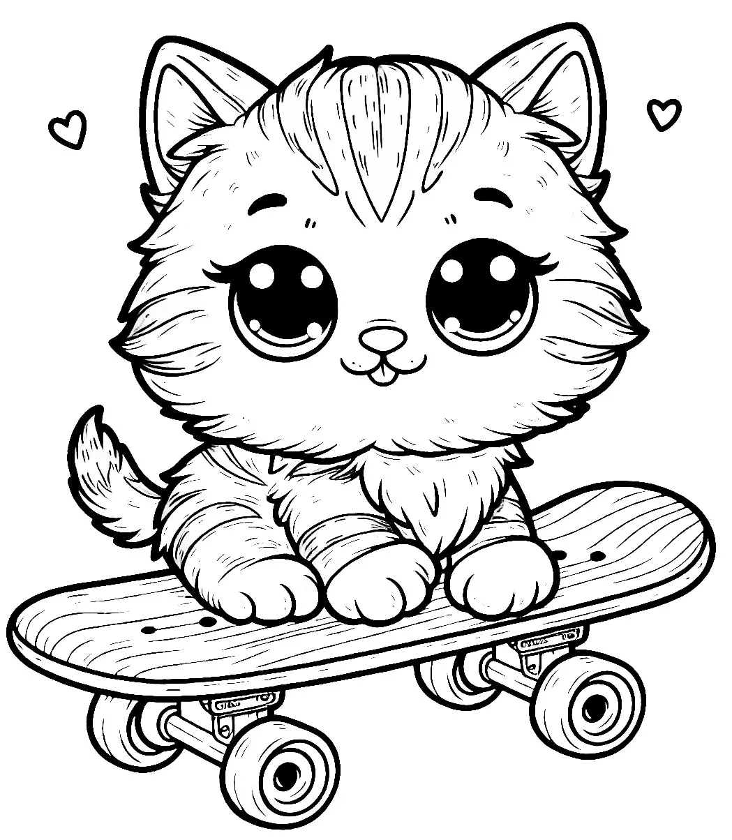 Kitten Sitting on Skateboard 🐱🛹😺 Coloring Page
