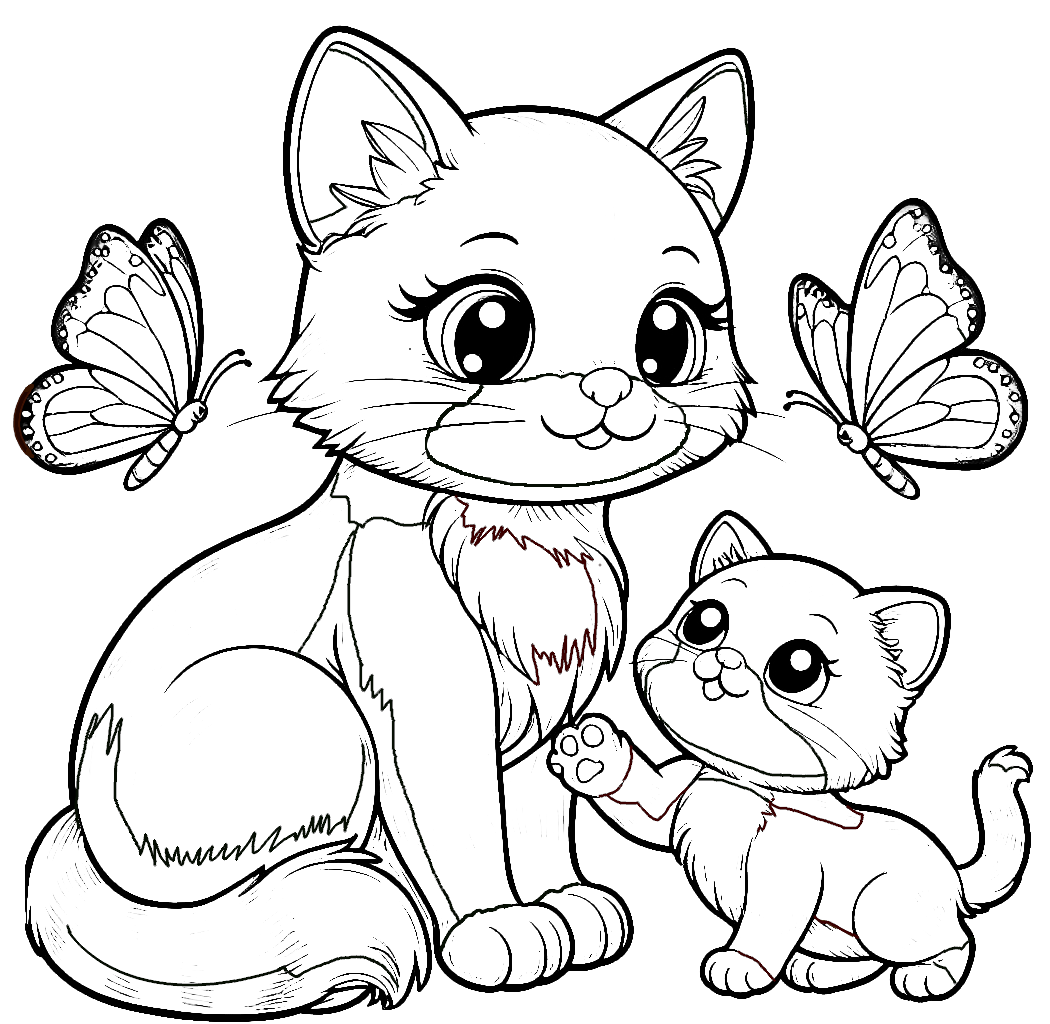 Cute Kitten with Mother Cat Playing Butterflies 🐱🦋 Coloring Page
