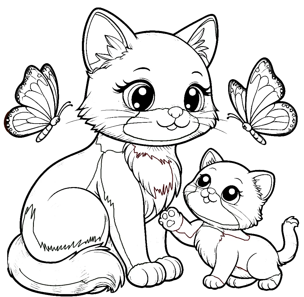 Cute Kitten with Mother Cat Playing Butterflies 🐱🦋 Coloring Page