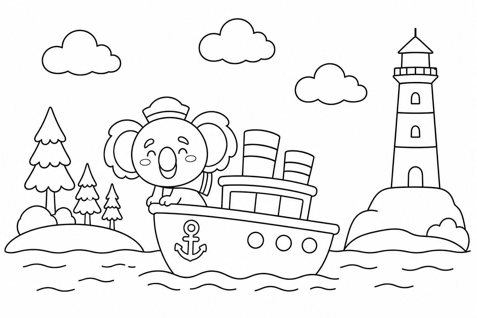 Adorable Koala Bear on a Boat with a Lighthouse 🐨🌊🚢 Coloring Page