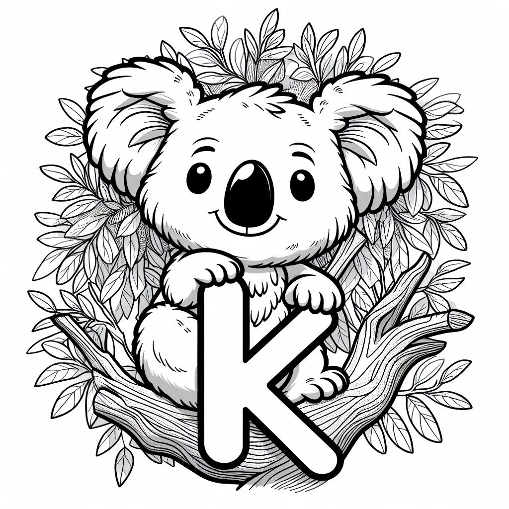 Koala Bear in Tree with Letter K 🐨🌳🔠 Coloring Page