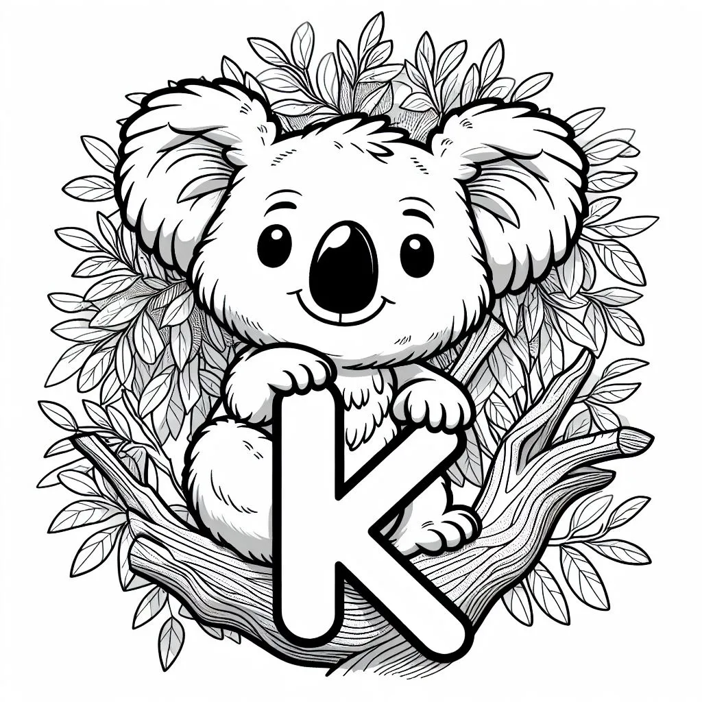 Koala Bear in Tree with Letter K 🐨🌳🔠 Coloring Page