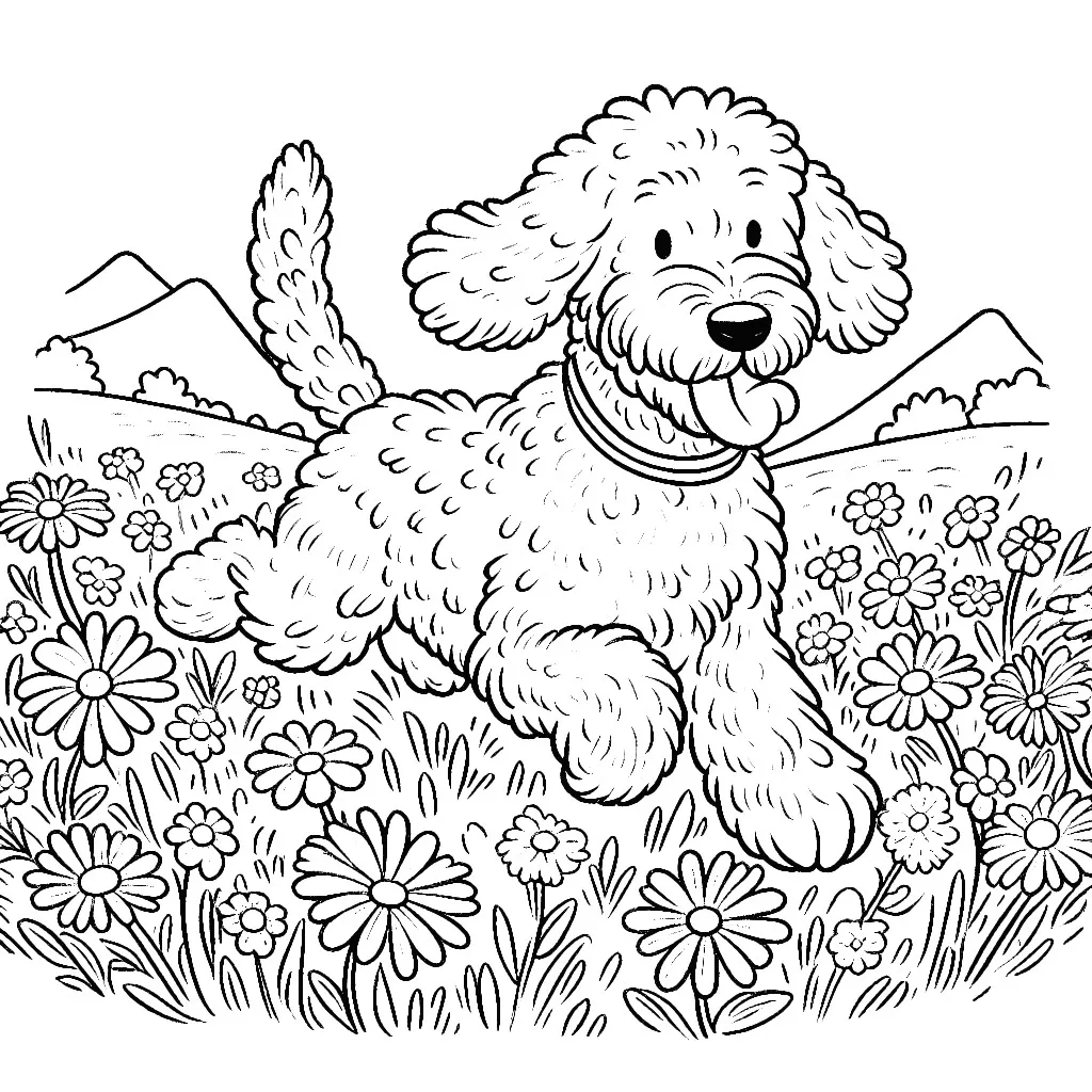 Labradoodle Dog Running in Field with Flowers 🐶🌸 Coloring Page