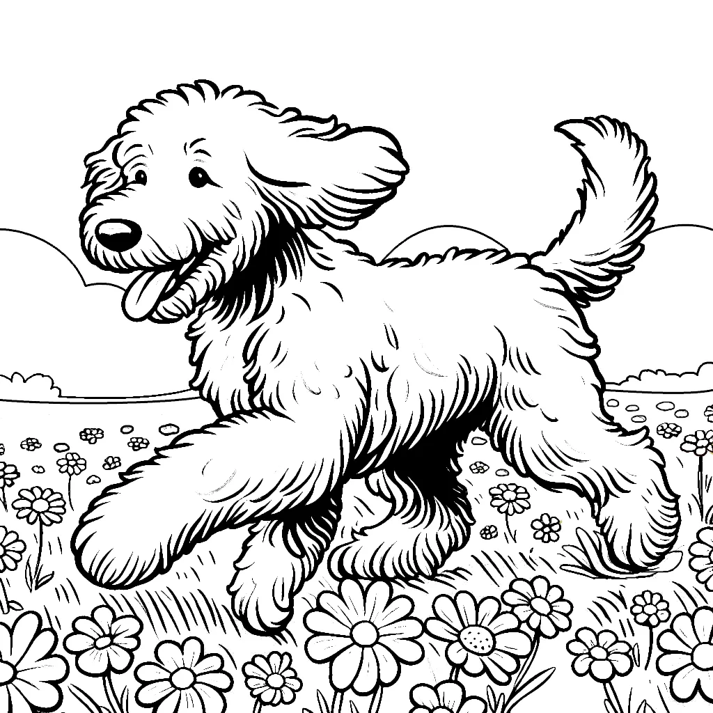 Labradoodle Dog Walking Happily in Field with Flowers 🌼🐶 Coloring Page