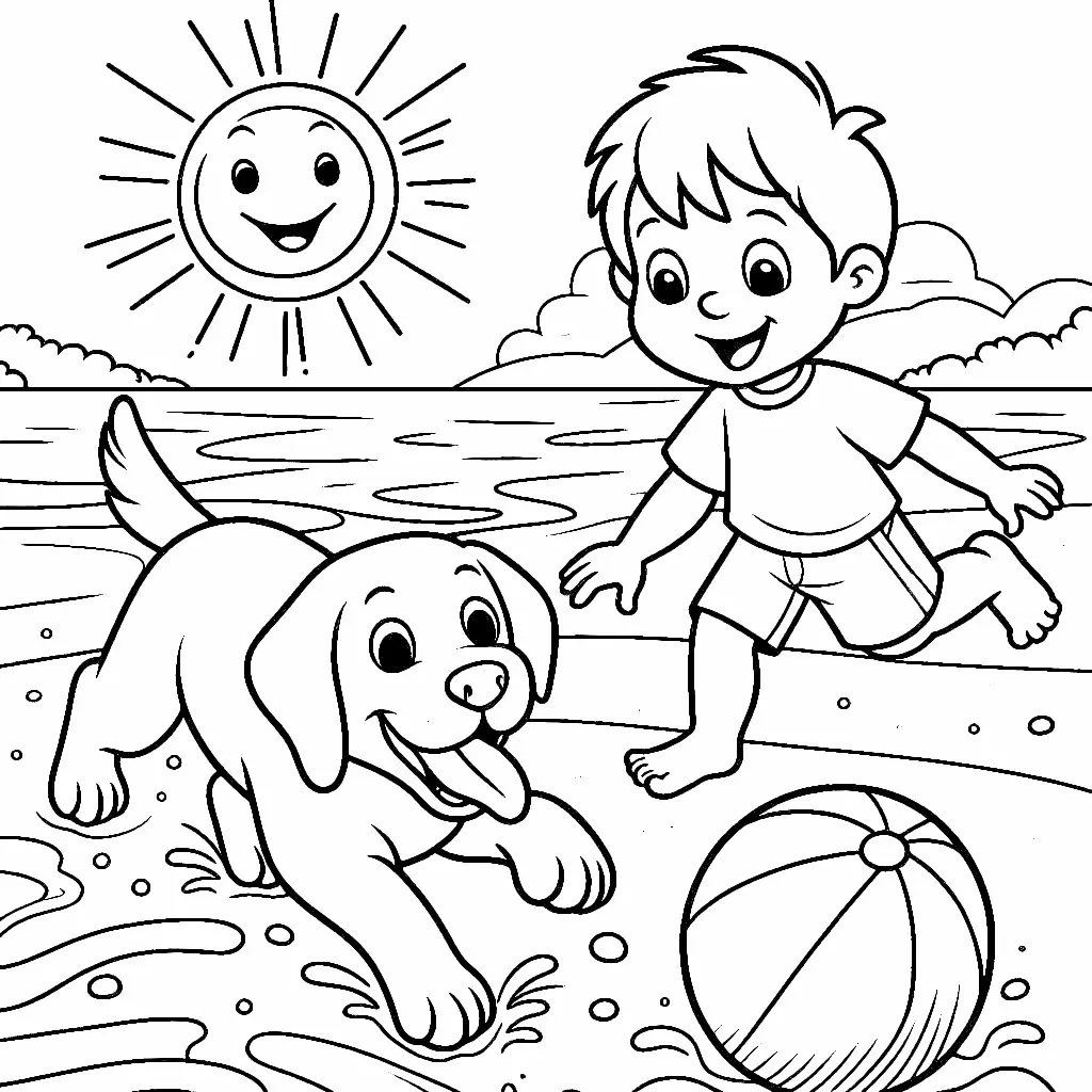 Labrador Dog Playing with Ball with Boy on Beach 🐕⚽️🏖️ Coloring Page