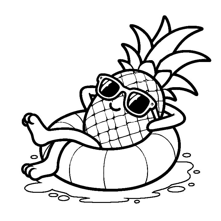 Lazy Pineapple with Sunglasses Chilling in Swimming Band 🍍😎🌊 Coloring Page