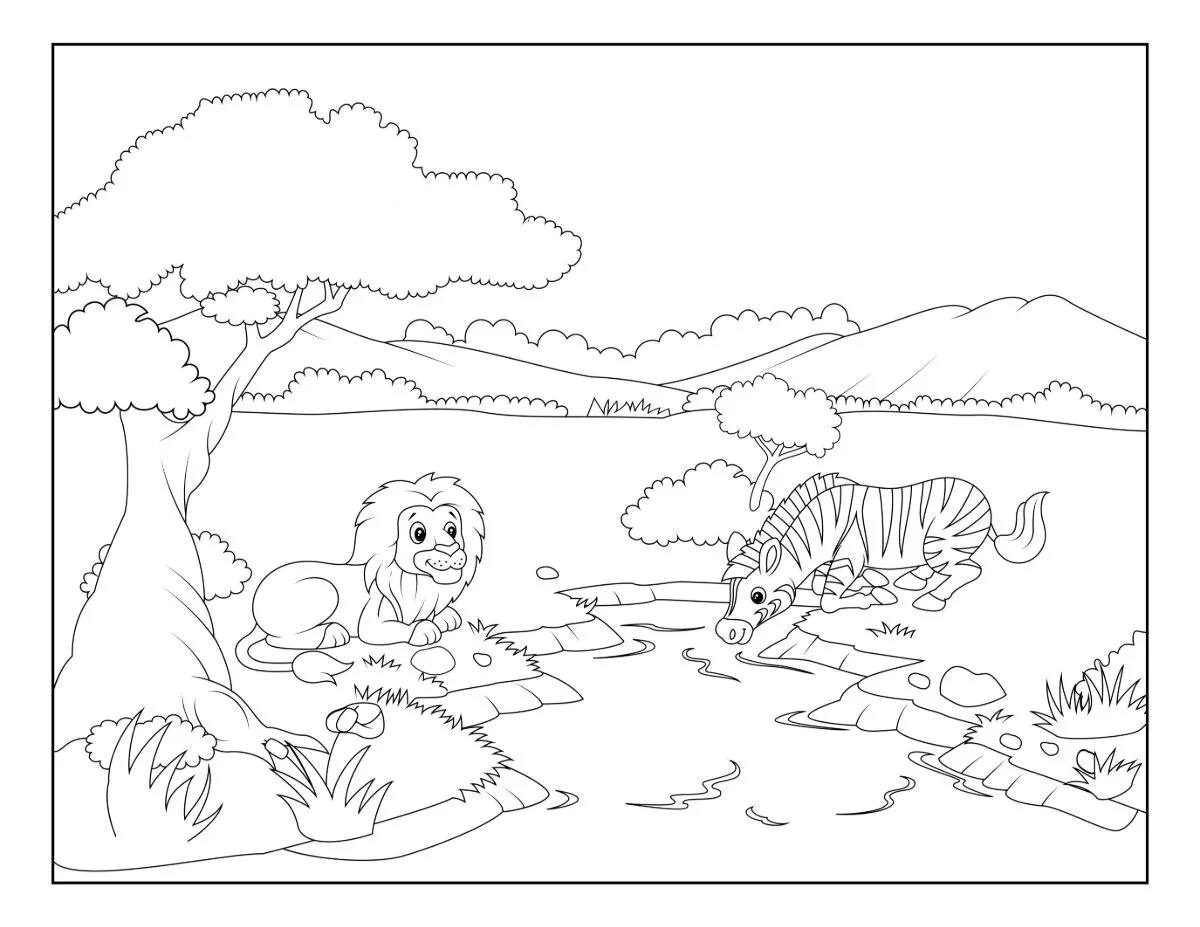 Lion and Zebra by the River in a Peaceful Savannah Landscape 🦁🦓 Coloring Page
