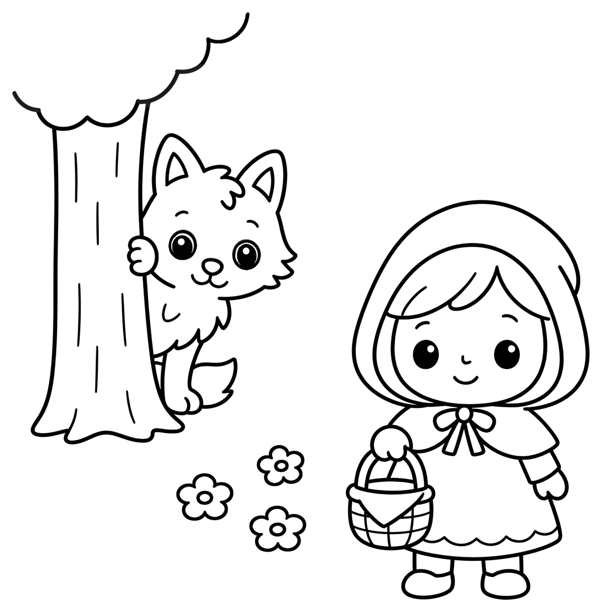Little Red Riding Hood and the Wolf in the Forest 🌳🐺👧 Coloring Page