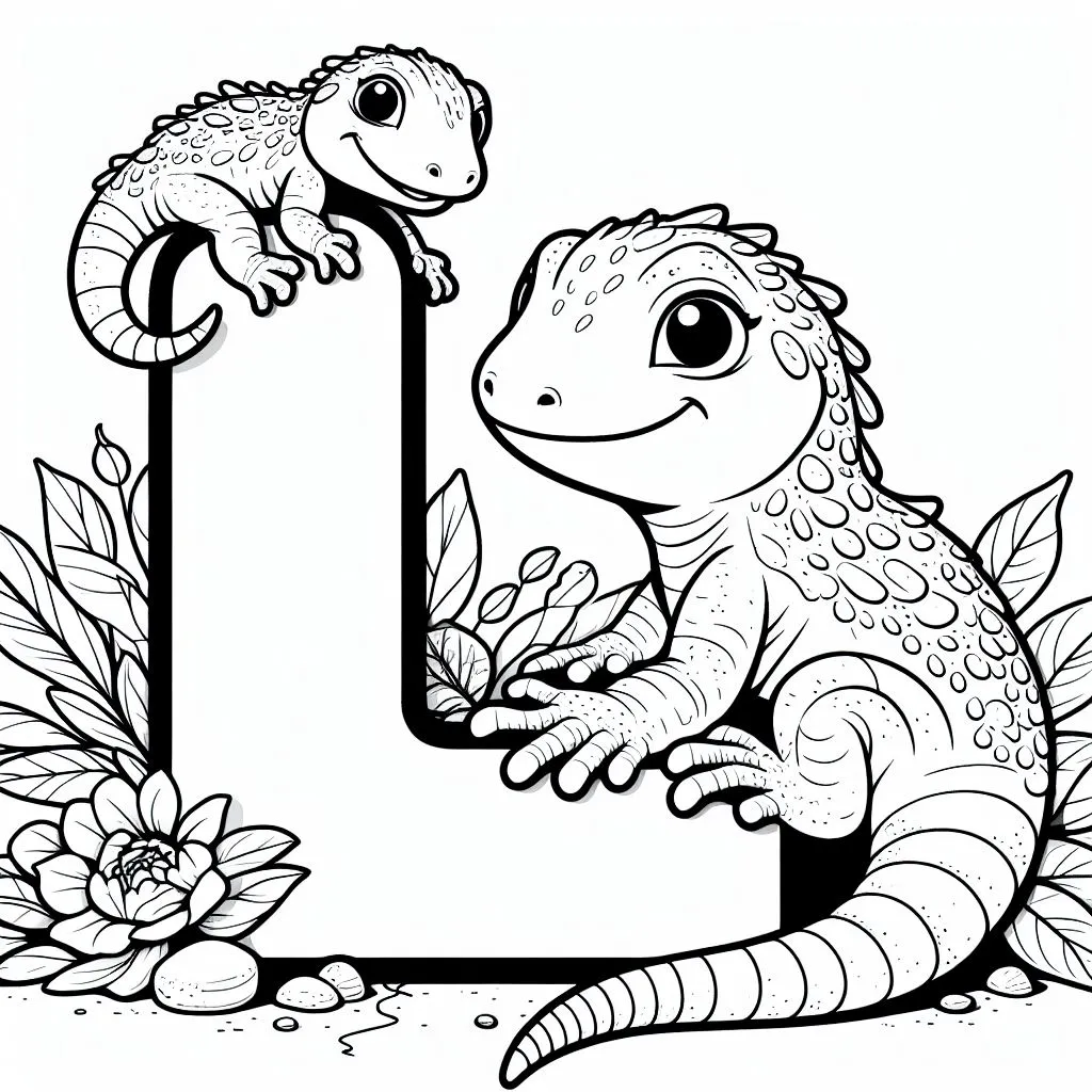 Lizard 🦎 with Letter L 🔠 Coloring Page