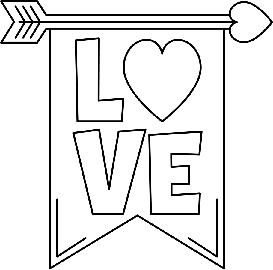 A heart with an arrow and a banner that says "LOVE" 💘💌💖 Coloring Page