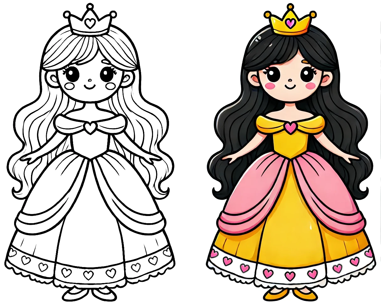 Lovely Princess Wearing Dress with Hearts 👑💖👗 Coloring Page