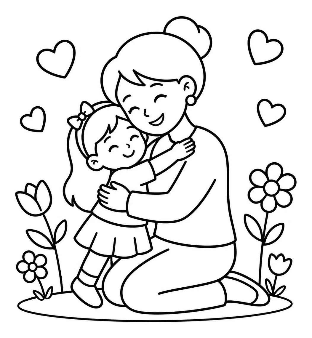 Loving Mother and Child Hugging in a Flowery Field 🌸💖👩‍👧 Coloring Page