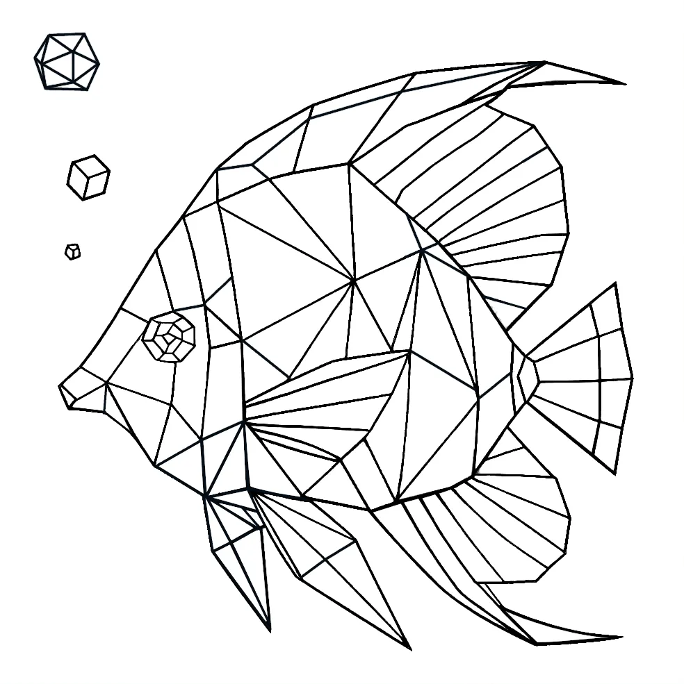 Low Poly Origami Tropical Fish with Bubbles 🐠🌊 Coloring Page