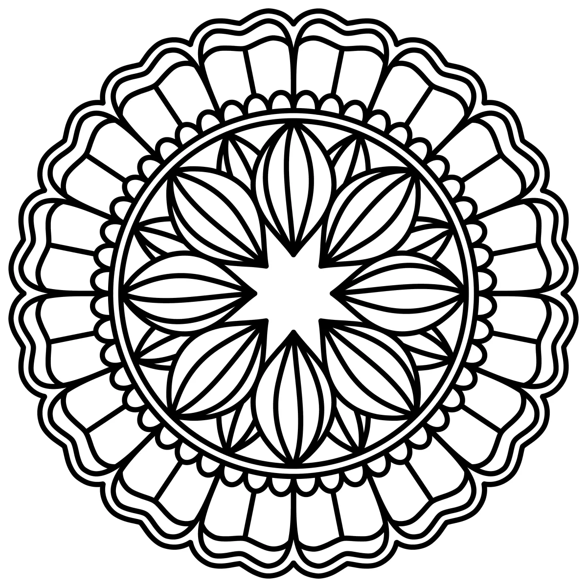 Mandala with Star Center and Petal Pattern 🌸✨🌟 Coloring Page