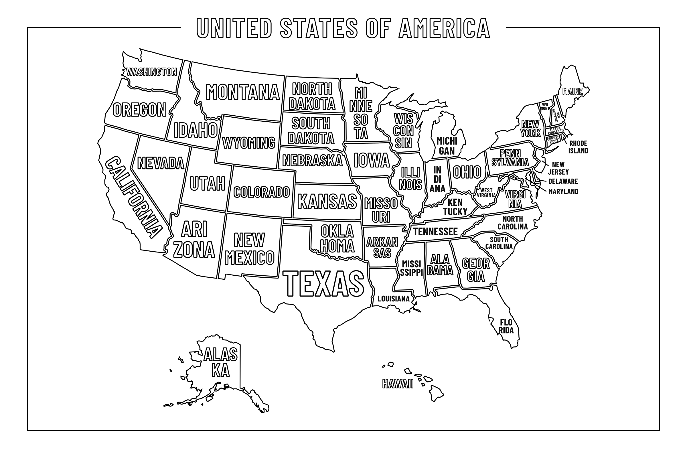 Map of United States of America with all 50 States