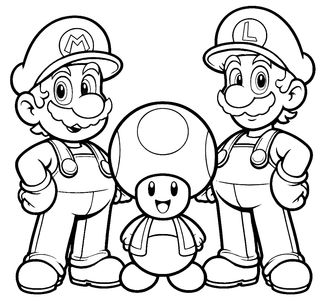 Mario and Luigi with Toad 🎮🍄👨‍🔧 Coloring Page