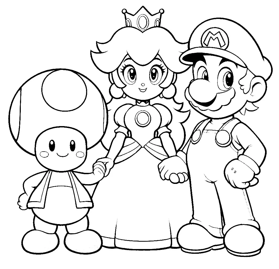 Mario Princess Peach and Toad Holding Hands 🎮👑🍄 Coloring Page